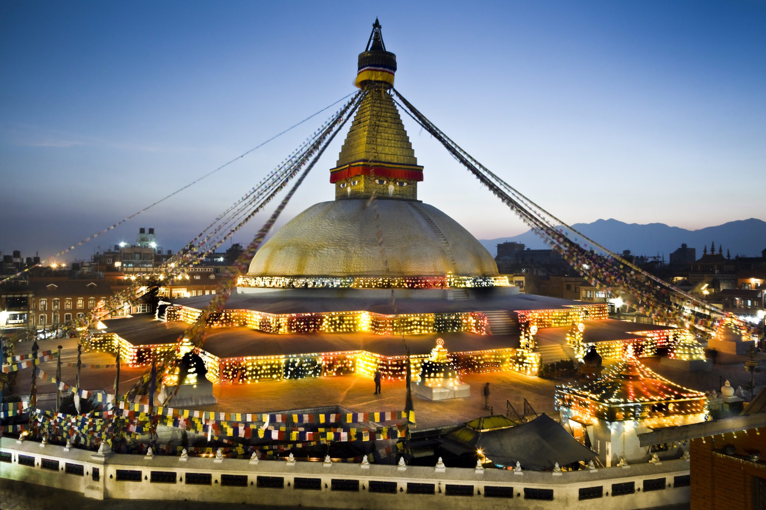 Nepal, Kathmandu Valley, Bodhnath Stupa at twilight